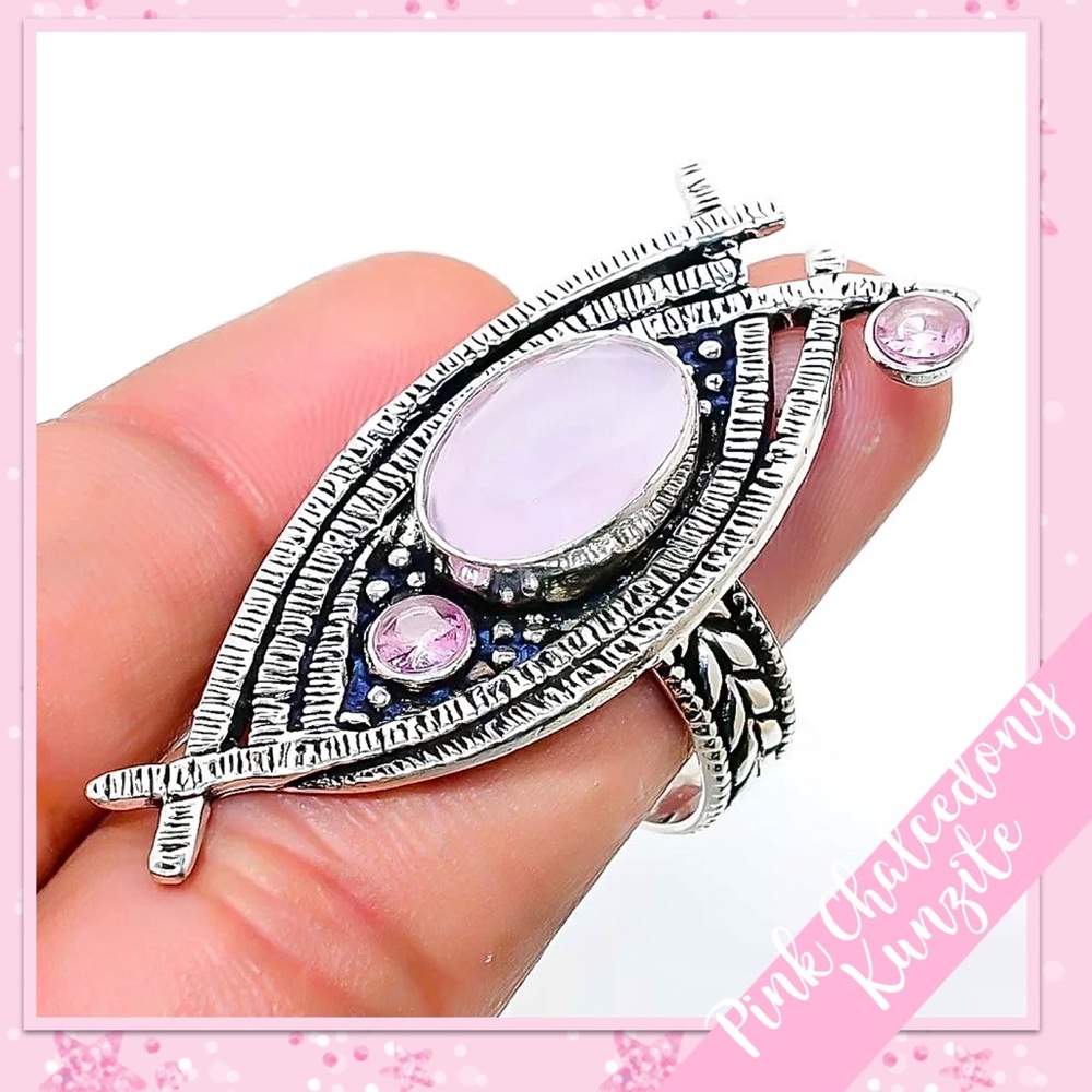 Pink Chalcedony, Kunzite Abstract Silver Ring, Size 7.5 (Pale Pink, Light Pink) - Picture 2 of 2